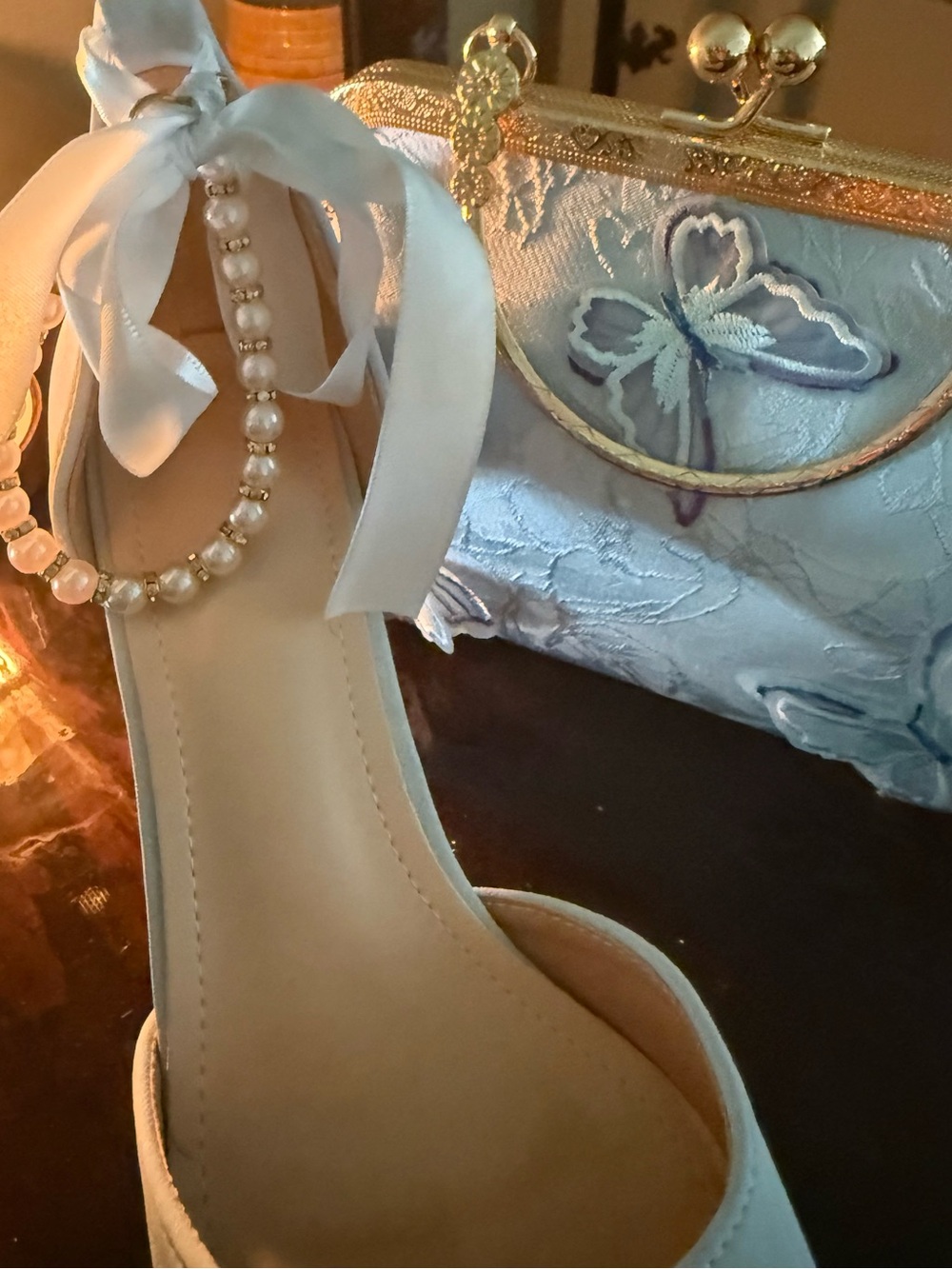Light Blue Satin Pointed Toe Heels with Pearl Ankle Strap WITH butterfly handbag